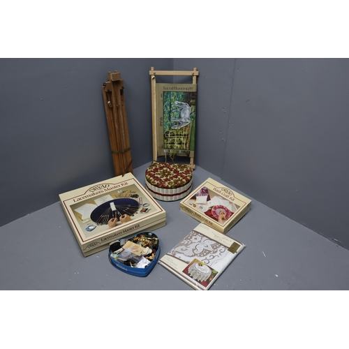 377 - Arts and Crafts items to include, lace making kit, easel, batik kit, 2 sewing boxes, tapestry frame ... 