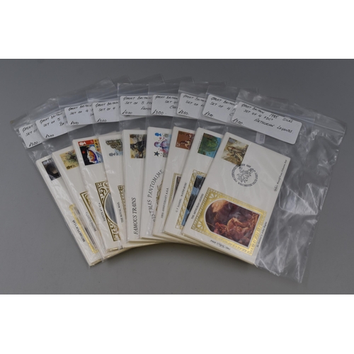 438 - Nine Full Sets of Benham Silk First Day Covers including Safety at Sea, Royal Mail, Famous Trains, C... 