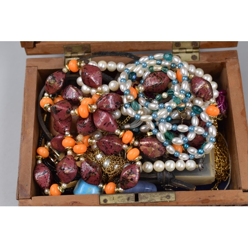 458 - Unsorted Jewellery In Wooden Hand Carved Box (As Found)