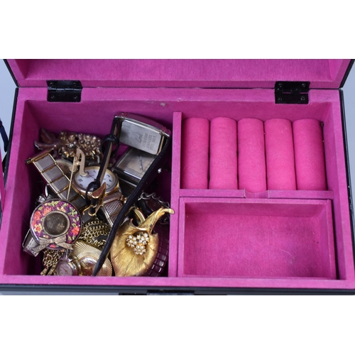 462 - Black gloss Jewellery box with unsorted jewellery inside includes some 925 Silver