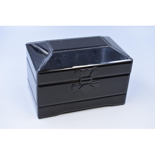 462 - Black gloss Jewellery box with unsorted jewellery inside includes some 925 Silver