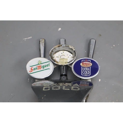 840 - Chrome Three Outlet Beer Pump Head with San Miguel and Tetley Badges