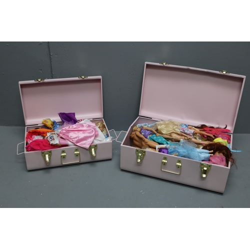 809 - Two Pink Metal Storage Trunks Containing Various Barbie Dolls and Selection of Dresses