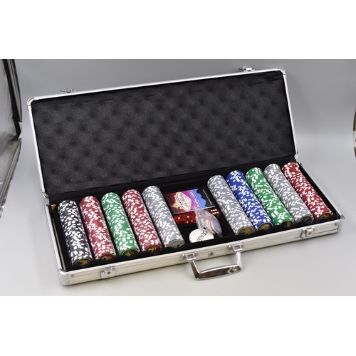 812 - Poker Set In Metal Case Including Playing Cards, Dices and Chips Approx 22