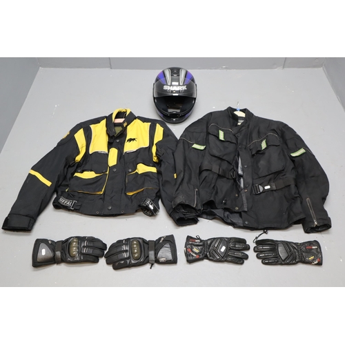 786 - Two motorbike jackets (Hein Gericke & Buffalo) with Shark bike helmet & two pairs of bikers ... 