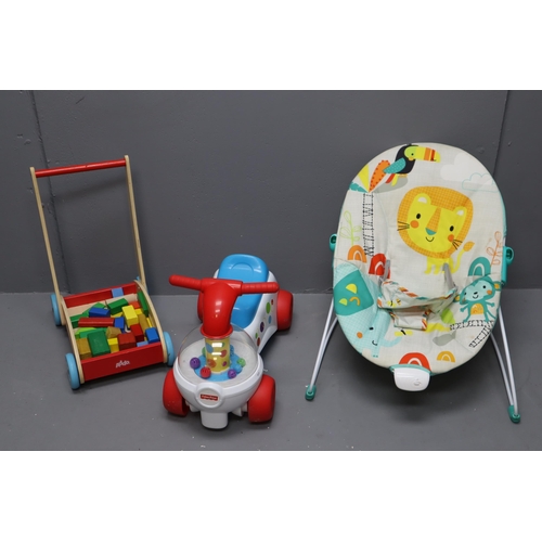 790 - Addo Wooden Blocks with Trolley, Fisher Pricen Ride On and a Baby Bouncer