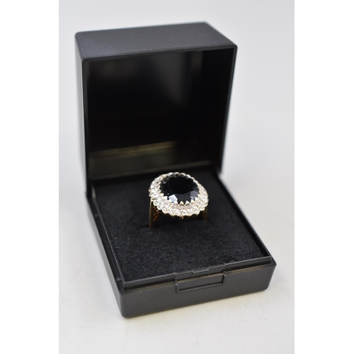 15 - Hallmarked Birmingham 375 (9ct) Gold Clear and Black Stoned Ring Complete with Presentation Box (Mis... 