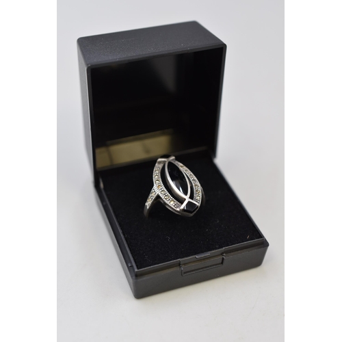 19 - Silver 925 Black Stoned and Marcasite Ring Complete with Presentation Box