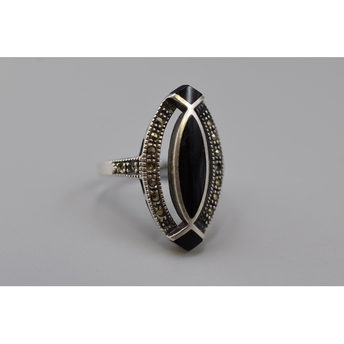 19 - Silver 925 Black Stoned and Marcasite Ring Complete with Presentation Box