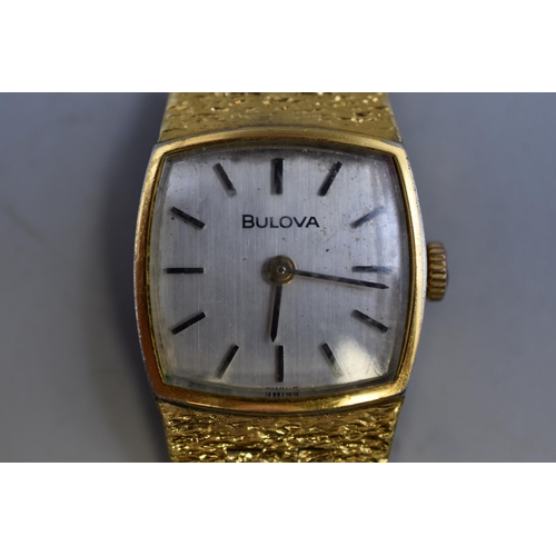 30 - A Gold Tone Mechanical Bulova 17 Jewels Ladies Watch. Watch Is In Working Order, Strap Is AF