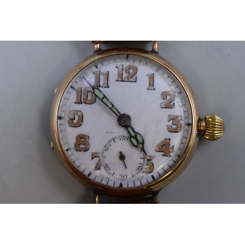 34 - A 9ct Gold Cased 1919 Trench Watch, Marked AJF 27.9.19. In Working Order