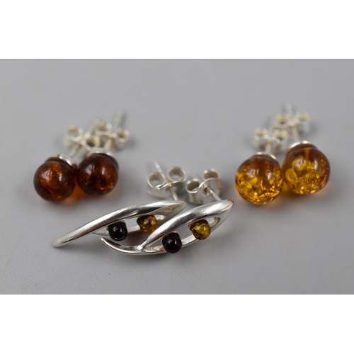 226 - Three Pairs of Silver 925, Amber Stoned Earrings