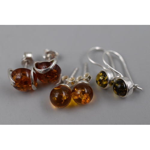 227 - Three Pairs of Silver 925, Amber Stoned Earrings