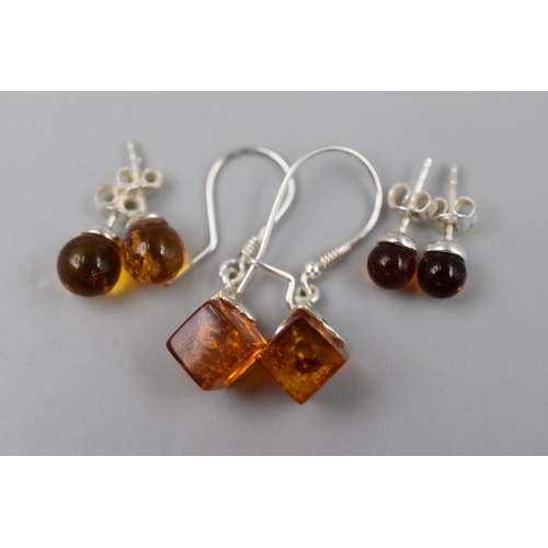 229 - Three Pairs of Sliver 925, Amber Stoned Earrings