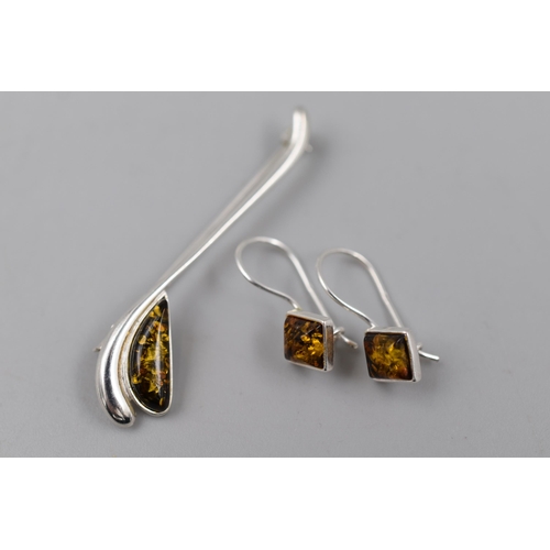 230 - Silver 925, Amber Stoned Brooch & Pair of Earrings