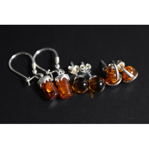 231 - Silver 925, Three Pairs of Amber Stoned Earrings