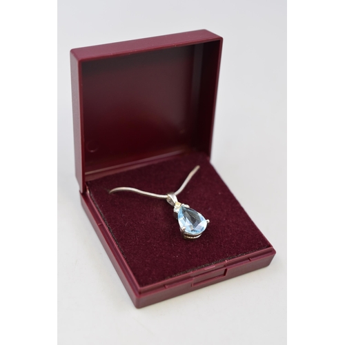 48 - Silver 925 Aquamarine Stoned Pendant Necklace Complete with Presentation Box