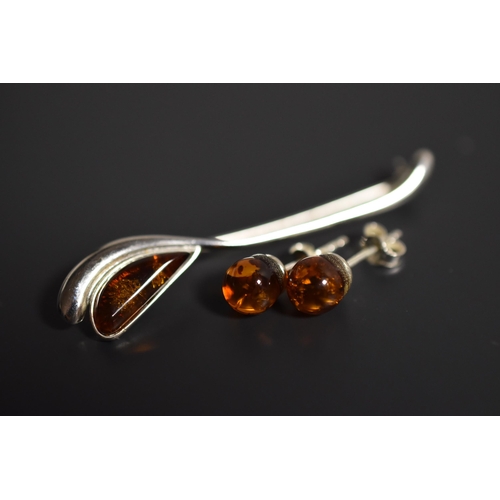 232 - Silver 925, Amber Stoned Brooch & Pair of Earring's