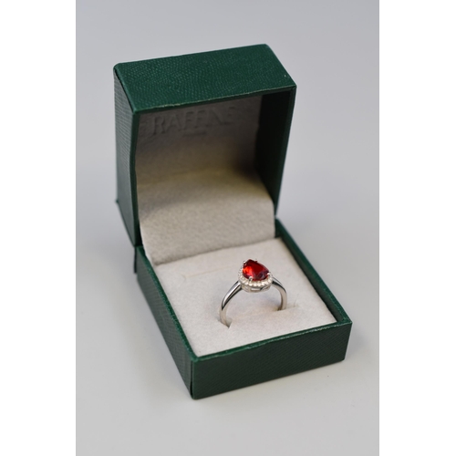 241 - Silver 925 Red Stoned Heart Shaped Ring Complete with Presentation Box