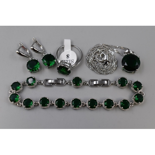 55 - A 925. Silver Green Peridot Stoned Jewellery Set (Bracelet, Ring, Earrings, And Pendant Necklace)