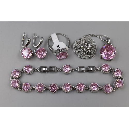 62 - A 925. Silver Pink Kunzite Stoned Jewellery Set (Bracelet, Ring, Earrings, and Pendant Necklace)