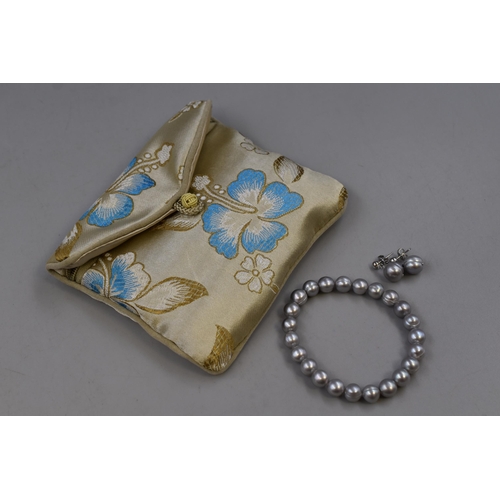 64 - Honora Collection 925 Sterling Silver Grey Pearl Earrings and Stretch Bracelet with Storage Pouch an... 