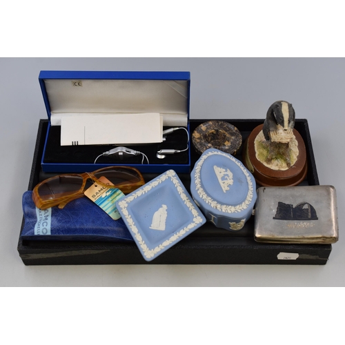 69 - A mixed tray to include: A Badger by Leonardo figurine, Vintage Samco Sunglasses with case, Betterwa... 