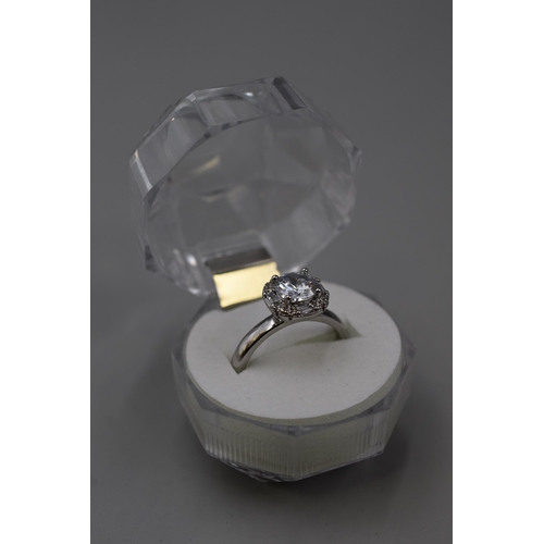 85 - A Large Clear Stoned 925. Silver Ring, In Presentation Box