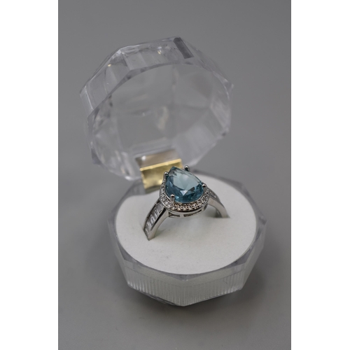 86 - A Teardrop Blue Stoned 925. Silver Ring, In Presentation Box