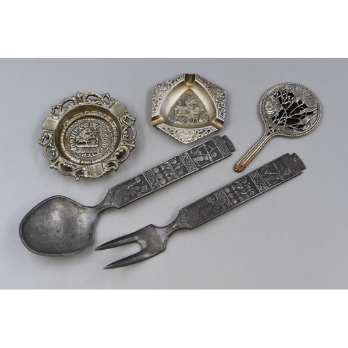 Viking Style Spoon and Fork Set, Decorative Hand mirror and two Small Dishes