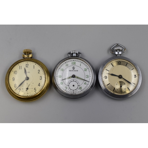 94 - Three Mechanical Pocket Watches (All Working). Includes Smiths, Services Military Style (No Seconds ... 