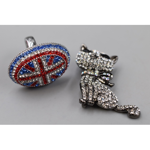 116 - Butler & Wilson Crystal Union Jack Adjustable One Size Ring and Crystal Cat Broach, Both with Or... 