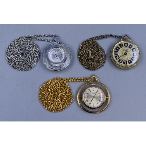 124 - Three Watch Pendants On Chains (Working), Includes Rotary, Lucerne, And Amico