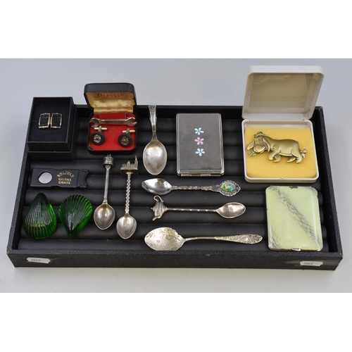 132 - Mixed Selection including Cufflinks, Disney Broach, Match Cases, Commemorative Spoons and More