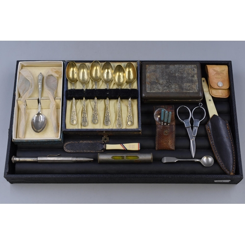 133 - Mixed Selection including Apostle Spoons, Tea Spoons, Manicure Set, Pencil, and More