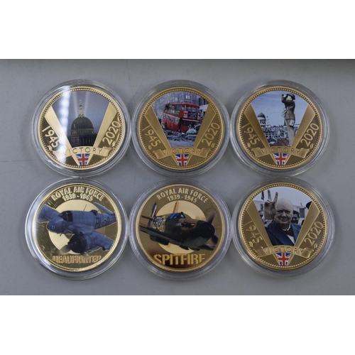 138 - Six Gold Plated, Pictorial 1945 to 2020 Victory Medallions complete with Capsules and Case