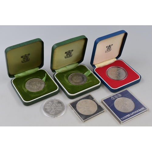 140 - Three Royal Mint Crowns in Presentation Boxes and three Cased Crowns