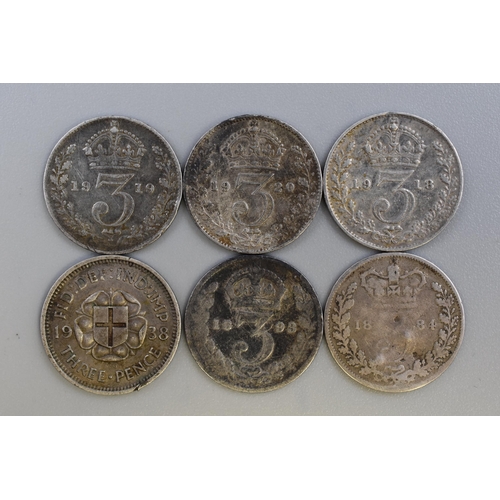 142 - Six British Silver Threepence Coins, 1884-1938