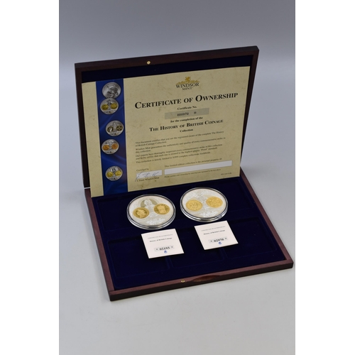 146 - Two Windsor Mint History of British Coinage Silver Plated 70mm Proof Medallions complete with Case a... 