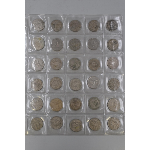 151 - Sheet of 20 Mixed Crowns and a Sheet of 30 Mixed 50 Pence and Two Shilling Coins