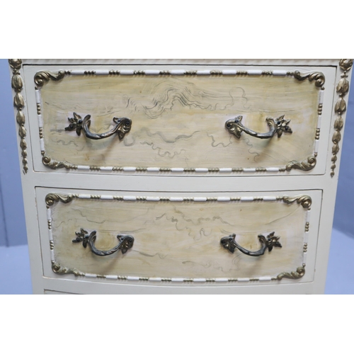 644 - Louis Style Hand Painted Serpentine Three Drawer Unit with Glass Topper Dressed with Brass Effect Ha... 