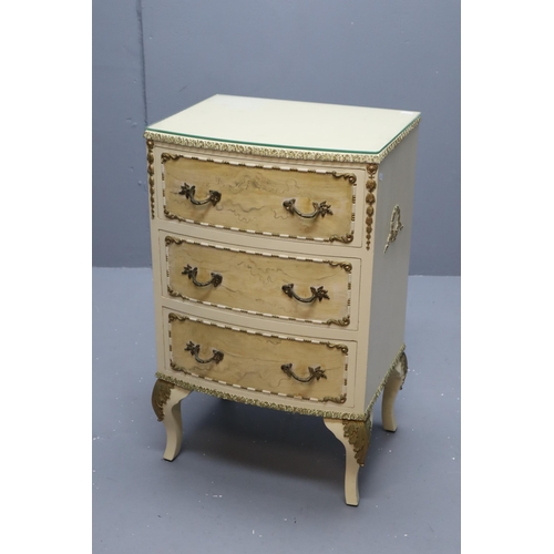 644 - Louis Style Hand Painted Serpentine Three Drawer Unit with Glass Topper Dressed with Brass Effect Ha... 