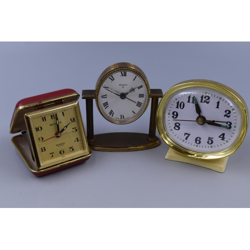 157 - Three Alarm Clocks (Working). Includes Westclox Travel Alarm Clock, Retro Alarm Clock, And Swiza 8