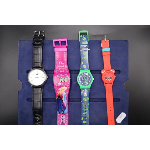 163 - Four Quartz Watches To Include Frozen, Smiggle, And Two Others. Working