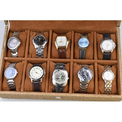 167 - Ten Gents Watches including Sekonda, Swatch, Citron, Fondini and More complete with Velvet Lined Dis... 