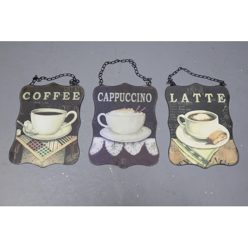 691 - Three Vintage Style French Cafe Tin Plate wall hanging Coffee Signs approx 10