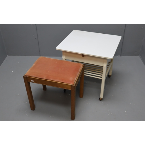 657 - Vintage White Side Table with undershelf storage and Castors together with a Velour Covered Dressing... 