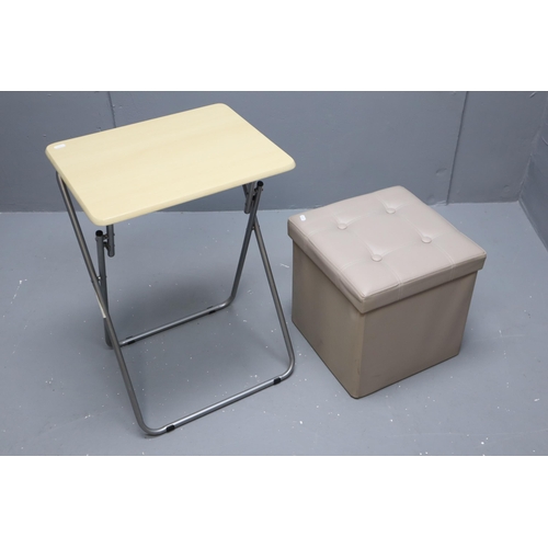 658 - As New leatherette Fold Up Storage Stool and a Folding Occasional table