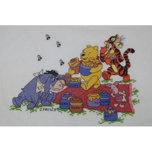 677 - A Winnie The Pooh Child's Table, With Framed and Glazed Winnie The Pooh Embroidery