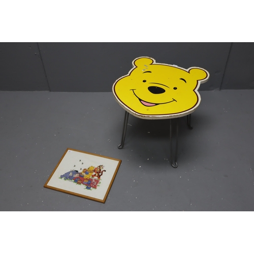 677 - A Winnie The Pooh Child's Table, With Framed and Glazed Winnie The Pooh Embroidery